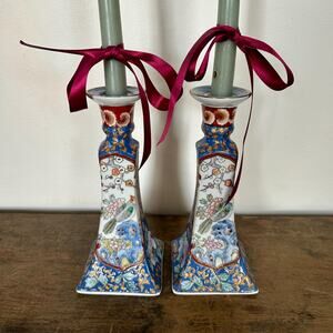 Pair of Antique Blue White Chinoiserie Candleholders | Gilded Bird Porcelain